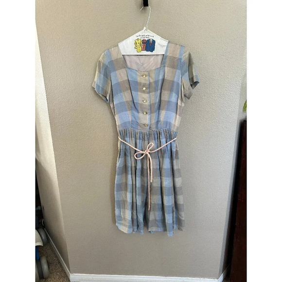 Vintage Handmade Women's Blue Short Sleeve Midi Dress, vintage dress,‎ handmade - Picture 1 of 7